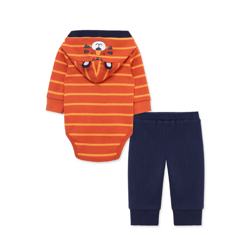 Back view of baby boy outfit featuring an orange striped hooded bodysuit with a tiger face on the hood and navy jogger pants.