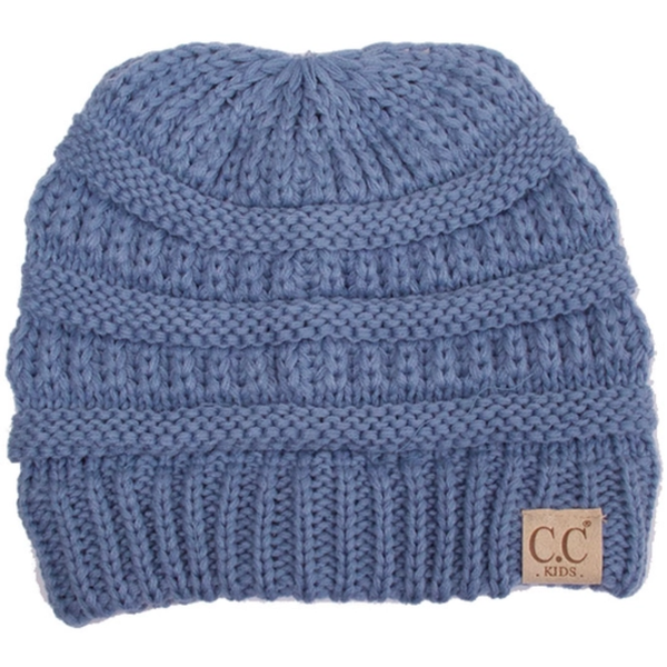Blue knitted beanie with a visible brand label on a white background