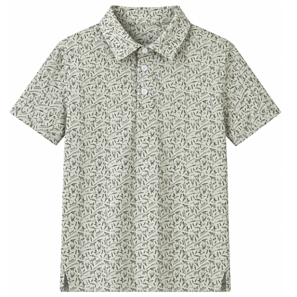 boys 3 button performance polo in a soft sage with a hunting/duck/dog print