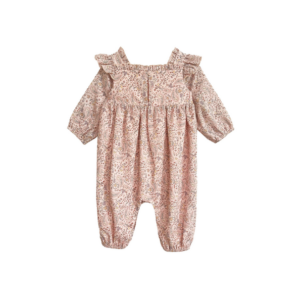 Back view of a baby romper with a pink paisley print, ruffle sleeves, and elastic ankles, displayed on a white background.