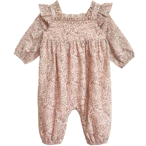 Front view of a pink paisley baby romper featuring ruffle shoulders, long sleeves, and a gathered waist.