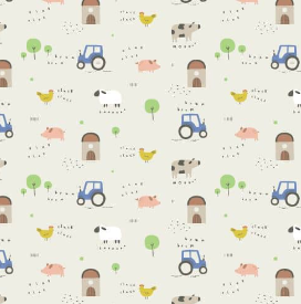 cream background with tractors, cows, pigs, and chickens