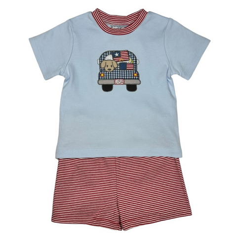 blue short sleeve fourth of july truck applique tshirt with mathcing red and white shorts 