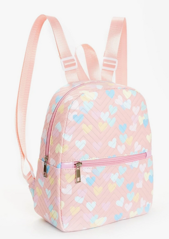 pink backpack purse with different colored hearts