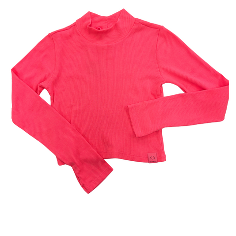 neon pink long sleeve ribbed, slightly crop top with mock turtle neck 