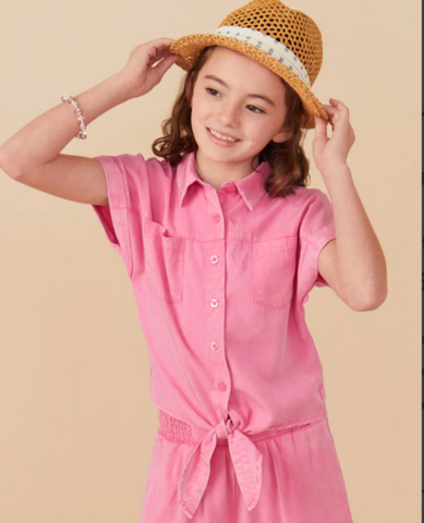 pink tencel tween blouse, button down, tie front at the waist and patch pockets on the front
