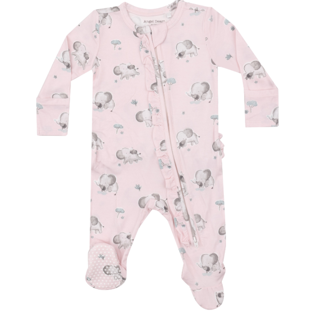 Pink ruffle footie with grey elephants