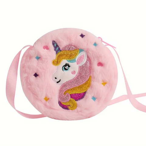 Round pink unicorn purse with glitter detail and strap for kids