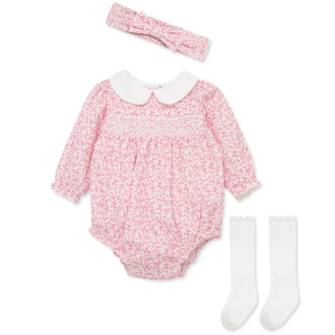 pink floral bubble with a matching headband and knee high ruffle white socks