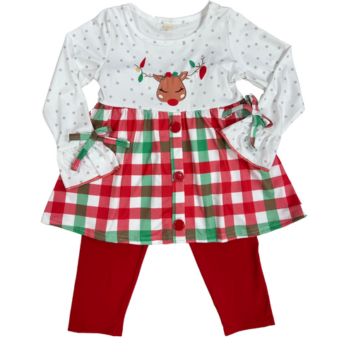pliad and dotted long sleeve top with reindeer with lights screen print and solid red legging