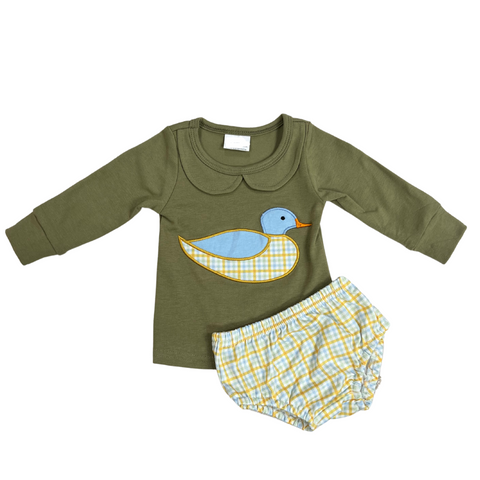 army green colored long sleeve knit top with traditional bib collar with a duck applique on the front and a matching gold blue and green plaid bloomer