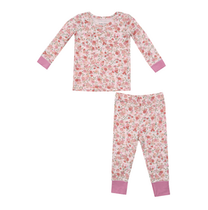 pink long sleeve loungewear set with floral print