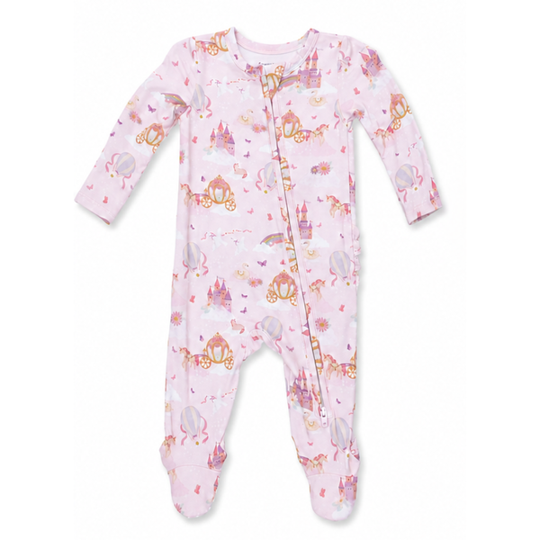 Pink long-sleeve baby footie with front zipper and princess print featuring castles, carriages, unicorns, swans, and hot-air balloons.