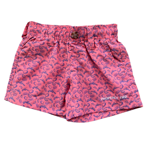 Boy elastic waist short with pockets and a crawfish boil print in a salmon color