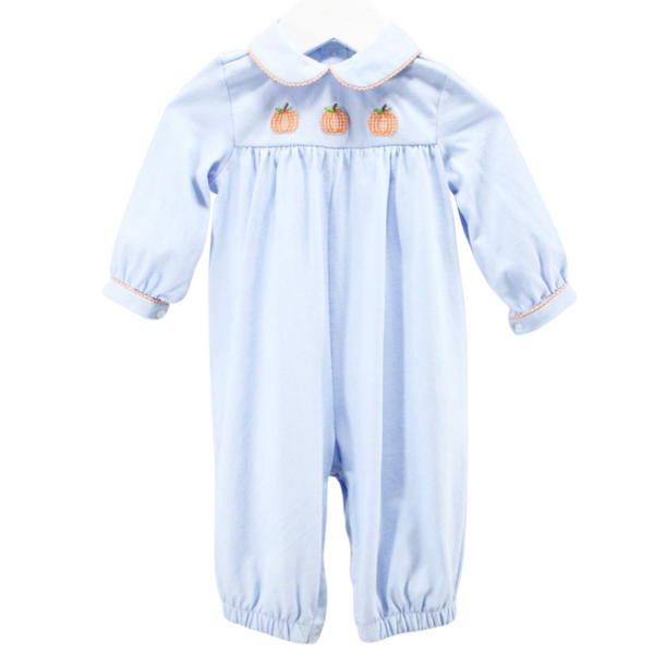 Light blue long sleeve romper with a rounded collar and stitched pumpkins on the front. 