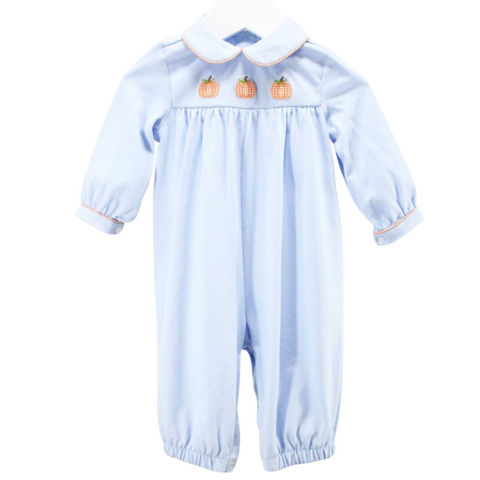 Light blue long sleeve romper with a rounded collar and stitched pumpkins on the front. 