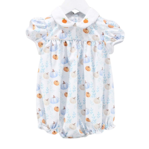 Front view of a baby girl's bubble romper with a fall pumpkin print and white Peter Pan collar embroidered with pumpkins.