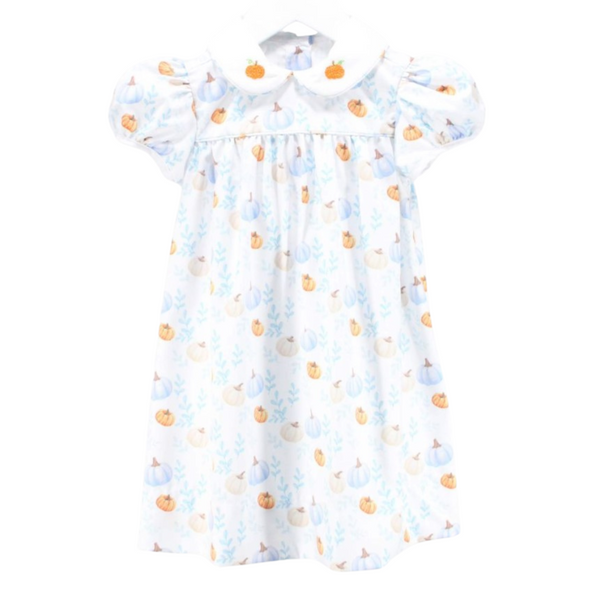 Front view of a girl's fall dress with puff sleeves and an all-over pumpkin and leaf print, featuring a white Peter Pan collar with embroidered pumpkins.