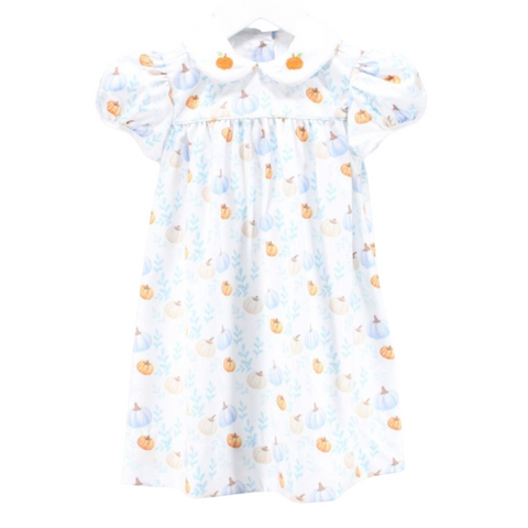 Front view of a girl's fall dress with puff sleeves and an all-over pumpkin and leaf print, featuring a white Peter Pan collar with embroidered pumpkins.