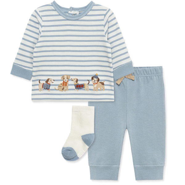 A baby clothing set featuring a long-sleeve striped shirt with embroidered dogs, matching light blue pants, and a cream sock with a blue toe and heel, displayed on a white background.