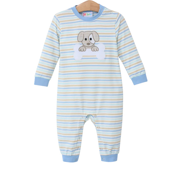 blue and yellow stripe romper with puppy applique