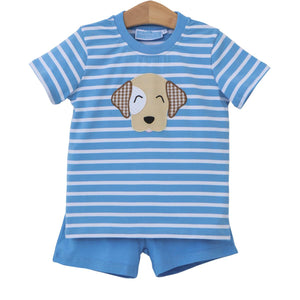 Blue and white stripe knit short sleeve shirt with a tan puppy applique and a matching solid blue knit short