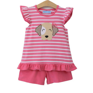 Pink and white stripe flutter sleeve knit top with an applique puppy head and a matching solid pink short