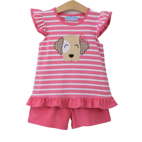Pink and white stripe flutter sleeve knit top with an applique puppy head and a matching solid pink short