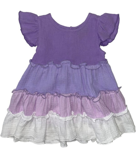 ombre muslin layered girls dress with flutter sleeve. Dark purple top and sleeves with graduating shades of purple, then white as the last layer.