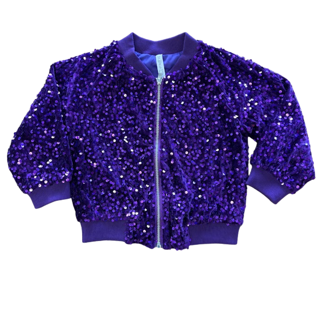 purple sequin bomber jacket with zip front