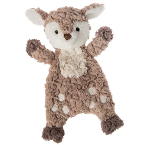 Putty Fawn deer lovey with soft tan and white fabric, floppy body, and embroidered white spots