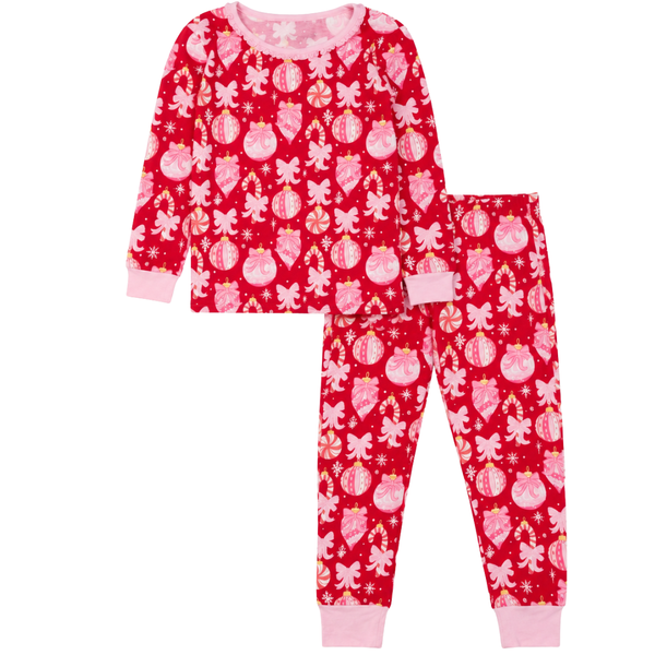 Girls red Christmas pajama set with pink bows, ornaments, and candy cane print, featuring ruffle back pants and matching long sleeve top.