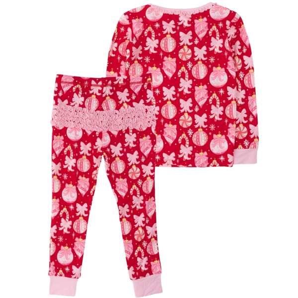 Red Holiday Ornament Bows L/S Ruffle Pajama Set