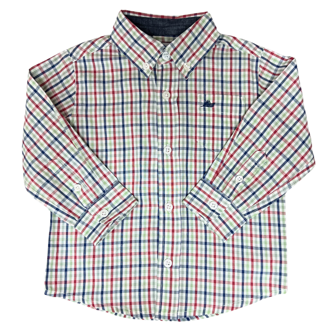 Long sleeve blue, red and green dress shirt for boy with a button down collar
