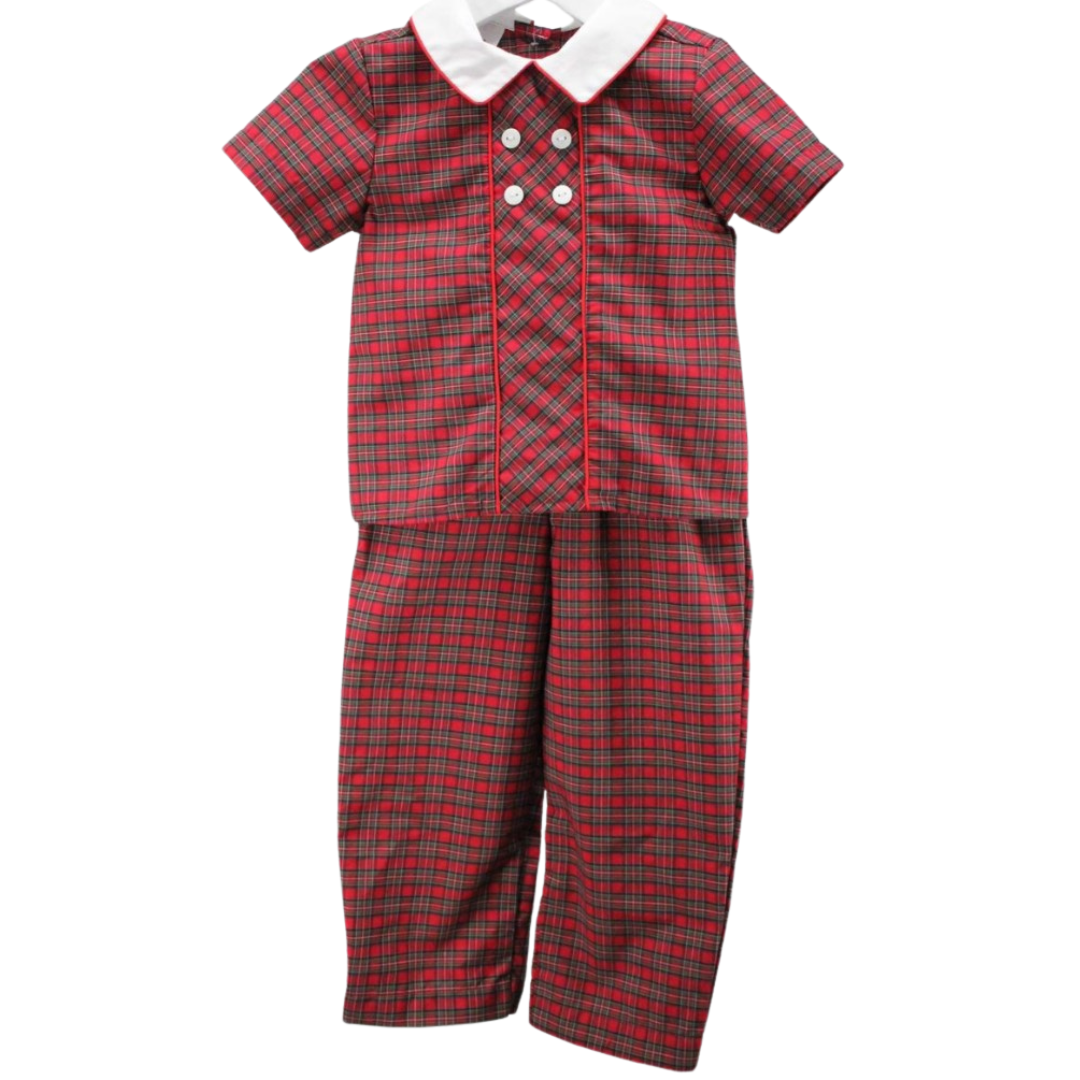 Front view of a red and green plaid two-piece Christmas outfit for boys with white collar and double-breasted button detail