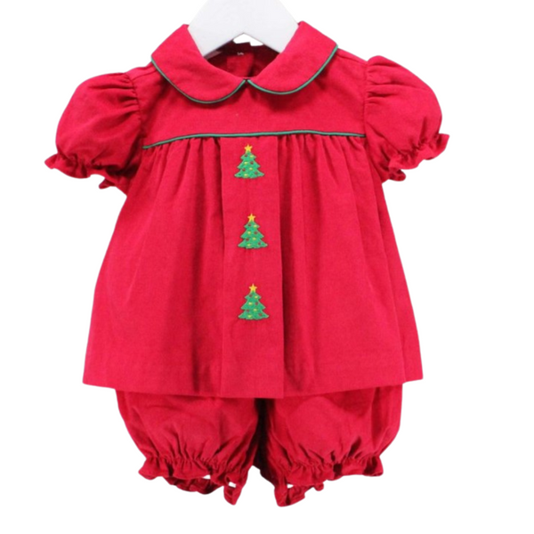Red baby girl Christmas set with puff sleeves, green trim, and three embroidered Christmas trees on the front, shown with matching bloomers.
