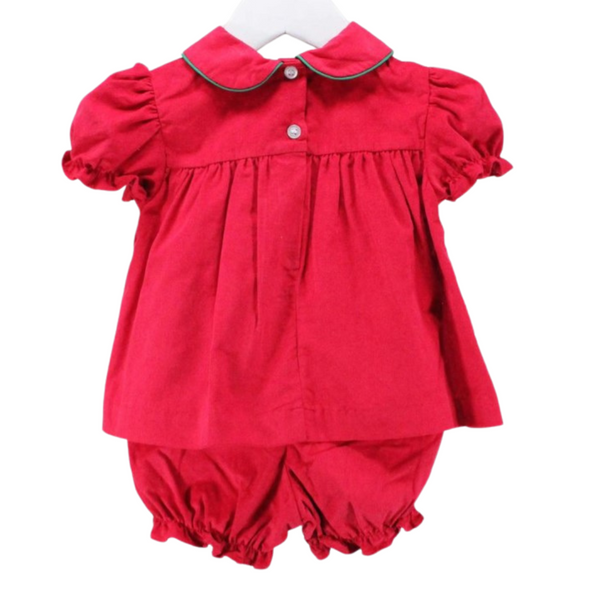 Back of red baby Christmas set with button closure and puff sleeves, paired with ruffled bloomers.