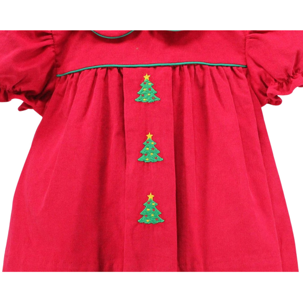 Close-up of red top with green embroidered Christmas trees and green piping on chest and collar.