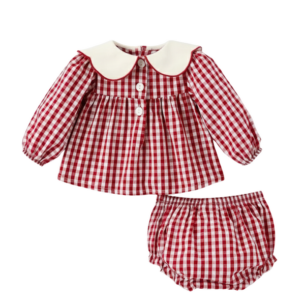 Christmas Tree Embroidery Red Gingham Bloomer Set