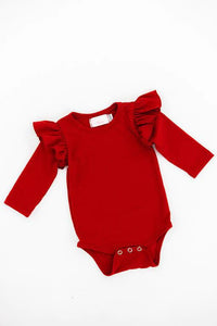 Red Long Sleeve Baby Body Suit with Ruffles at the Shoulder