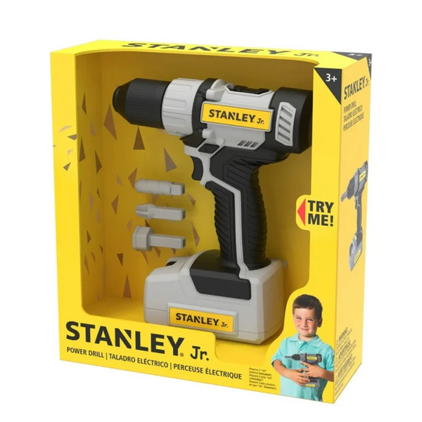Stanley Jr. Pretend Play Power Drill toy with realistic design, black and gray handle, yellow branding, and interchangeable drill bits in retail packaging

