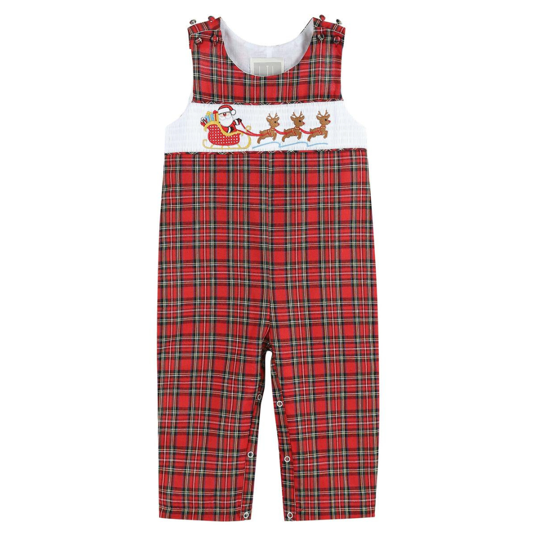 Baby overalls in red and green plaid with smocked Santa and reindeer sleigh embroidery across the chest.