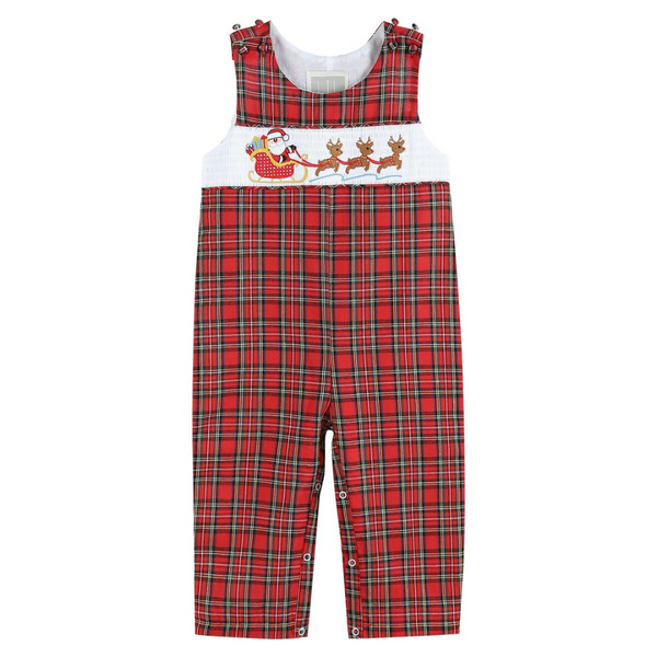 Baby overalls in red and green plaid with smocked Santa and reindeer sleigh embroidery across the chest.