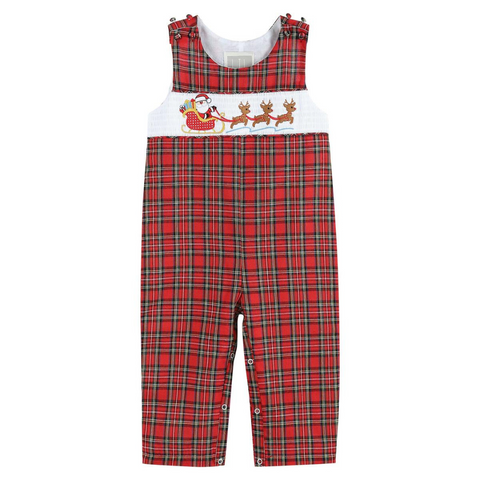 Baby overalls in red and green plaid with smocked Santa and reindeer sleigh embroidery across the chest.