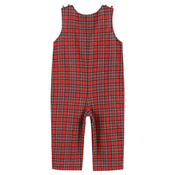 Full back view of red and green plaid baby overalls with sleeveless cut and buttoned shoulder straps.