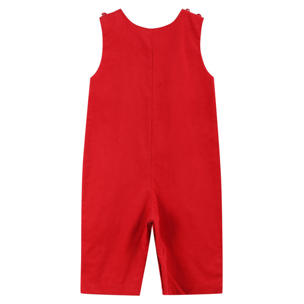 Back view of red velvet baby Christmas overalls with a simple, classic sleeveless design.

