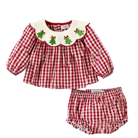  Red and white gingham long-sleeve top with a white Peter Pan collar featuring green embroidered Christmas trees, paired with matching ruffled bloomers.

