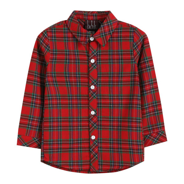 Red and green plaid long-sleeve button-up shirt with white buttons and a classic collar.