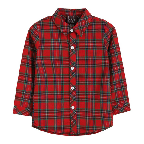Red and green plaid long-sleeve button-up shirt with white buttons and a classic collar.