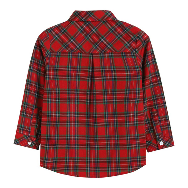 Back of a boys' red and green plaid button-up shirt with a pleated detail and matching collar.